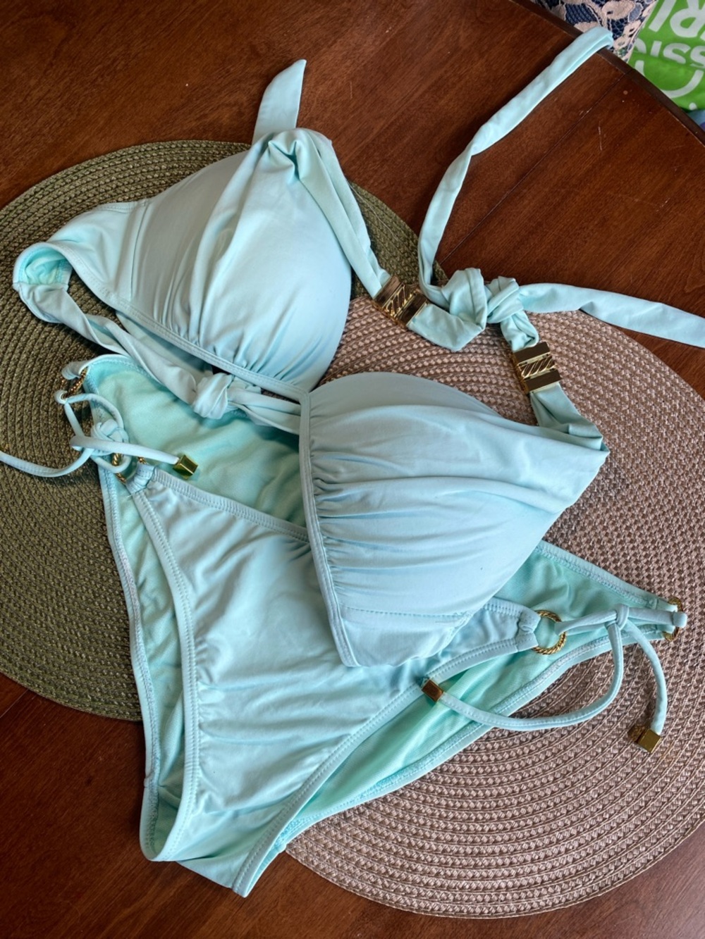 Dynamite Aqua Bikini Set Gold Detail Tie Side Size L Coastal PEI Beach Swim